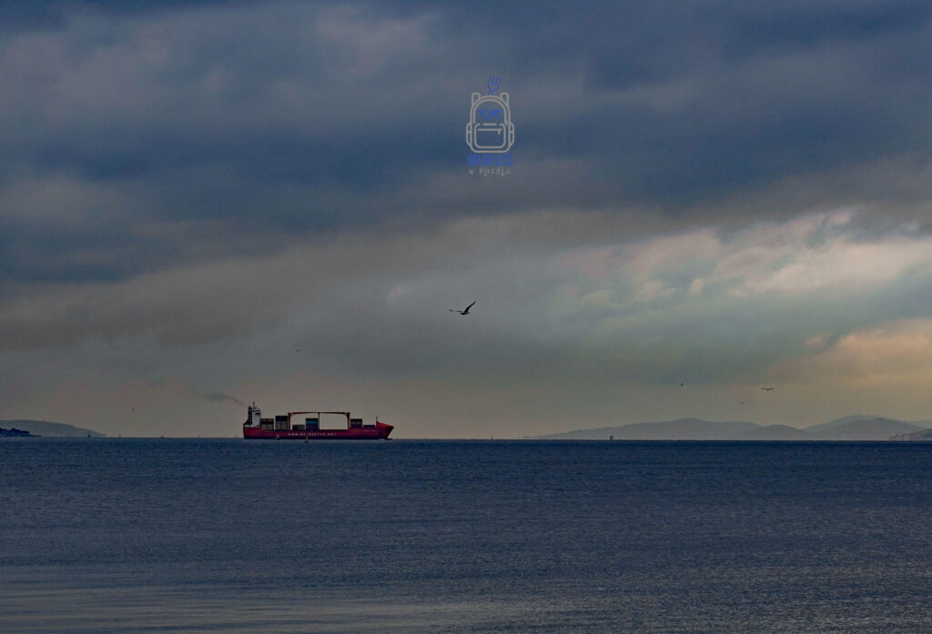 djęcie przedstawiające statek płynący przez spokojne wody Morza Marmara w Stambule. Na pierwszym planie rozpościera się ciemnoniebieska tafla wody, a w tle widać zamglone kontury wysp oraz pochmurne niebo, które dodaje scenerii melancholijnego uroku. To malowniczy widok ukazujący piękno tureckiego krajobrazu i strategiczne znaczenie Stambułu jako łącznika między Europą a Azją
