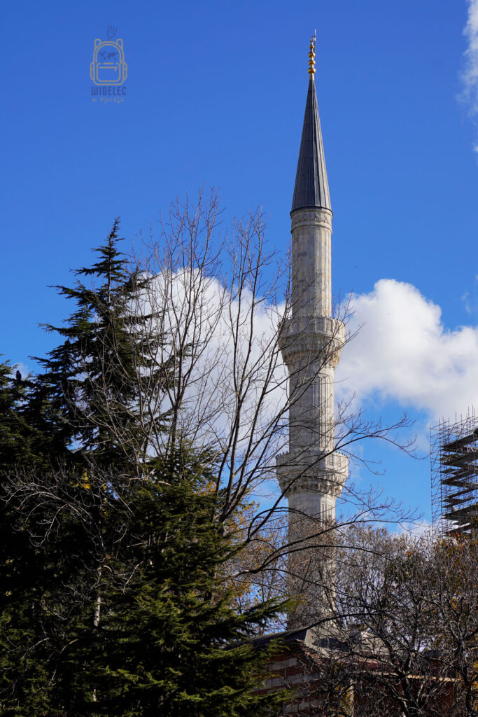 Smukły minaret Błękitnego Meczetu w Stambule na tle błękitnego nieba, otoczony drzewami. Charakterystyczny element osmańskiej architektury w dzielnicy Sultanahmet, przyciągający turystów z całego świata