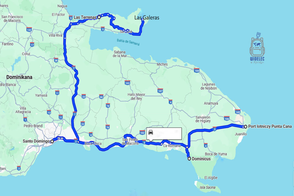 Trasa na mapie google przebytej drogi. Dominikana z wschodu na zachód z południa na północ
#widelecwplecaku.pl