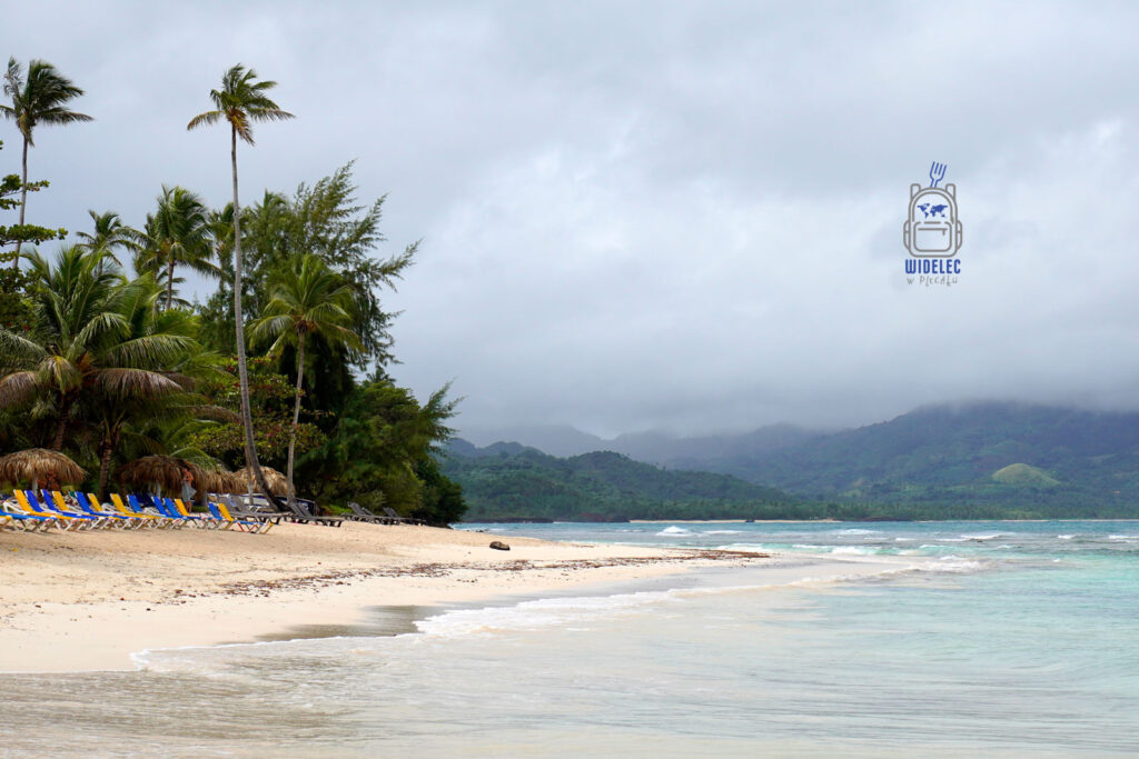 Urokliwa sceneria dominikańskiej plaży z szeregiem palm i leżakami przygotowanymi dla odwiedzających, tłem dla której są gęste zielone wzgórza owiane mgłą. Krajobraz uzupełniają spokojne, turkusowe wody, tworząc idealne połączenie plażowej idylli z górskim tłem, co jest typowe dla zróżnicowanego krajobrazu Dominikany
#widelecwpleacaku
#dominikana - z wschodu na zachód - z południa na północ