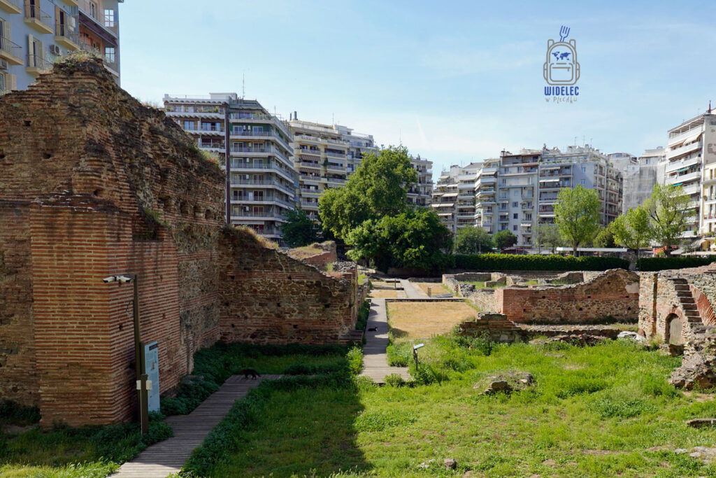 Ruiny pałacu Galeriusza w Salonikach otoczone współczesną zabudową mieszkalną, z widoczną zielenią i kotami
