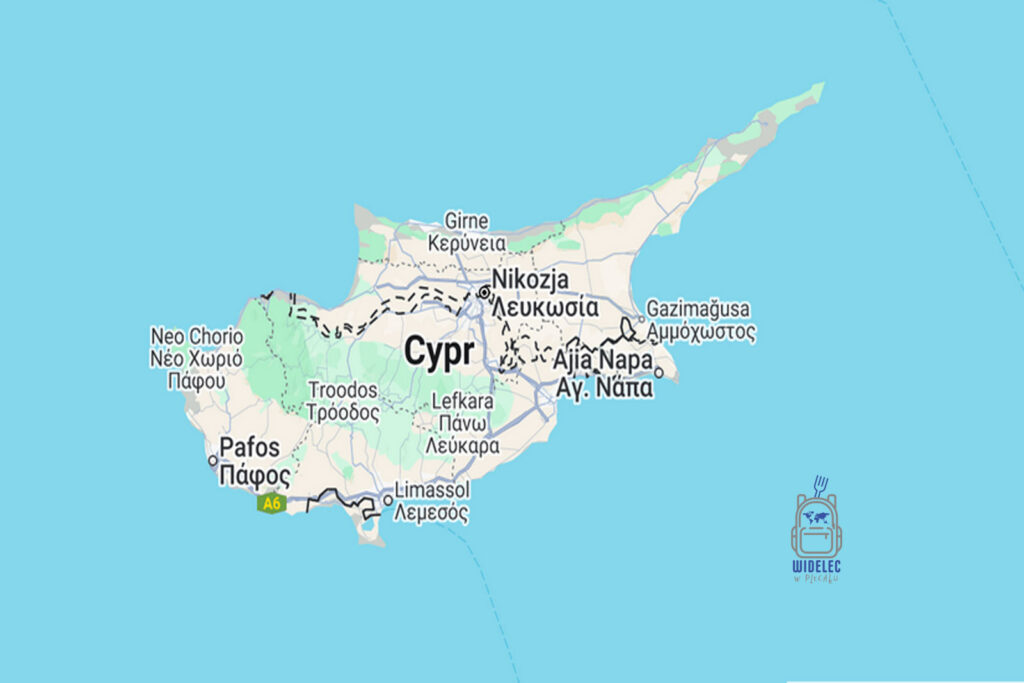 Mapa Cypru z zaznaczonymi miastami i regionami wyspy – Cypr, wyspa dobrej pogody i dobrego humoru, podróże i turystyka | widelecwplecaku