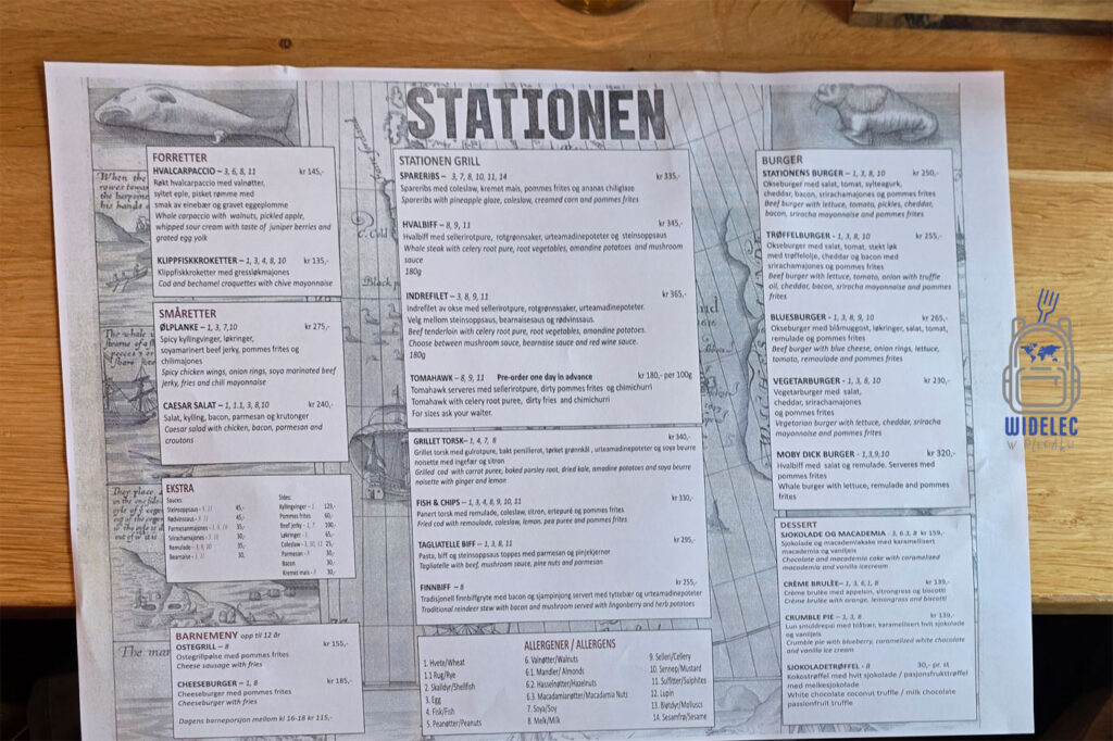 karta dań z jednej z restauracji na svalbardzie